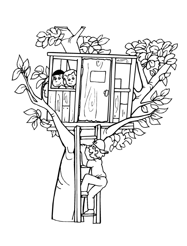 Dessin à colorier, une cabane dans un arbre