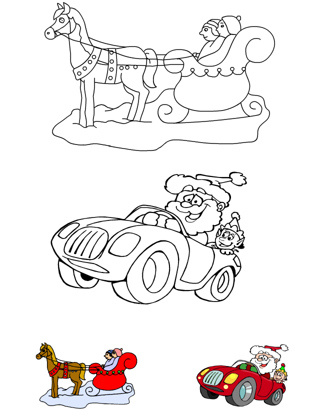 Coloriage, le Père Noël et le traîneau