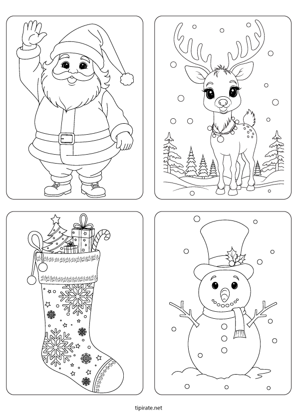 Coloriages sur le thème de Noël à imprimer : un Père Noël, un renne, un chausson de Noël rempli de friandises et un bonhomme de neige