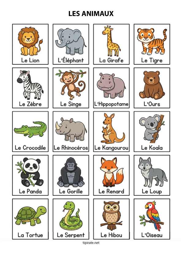 Imagier gratuit à imprimer, les animaux sauvages