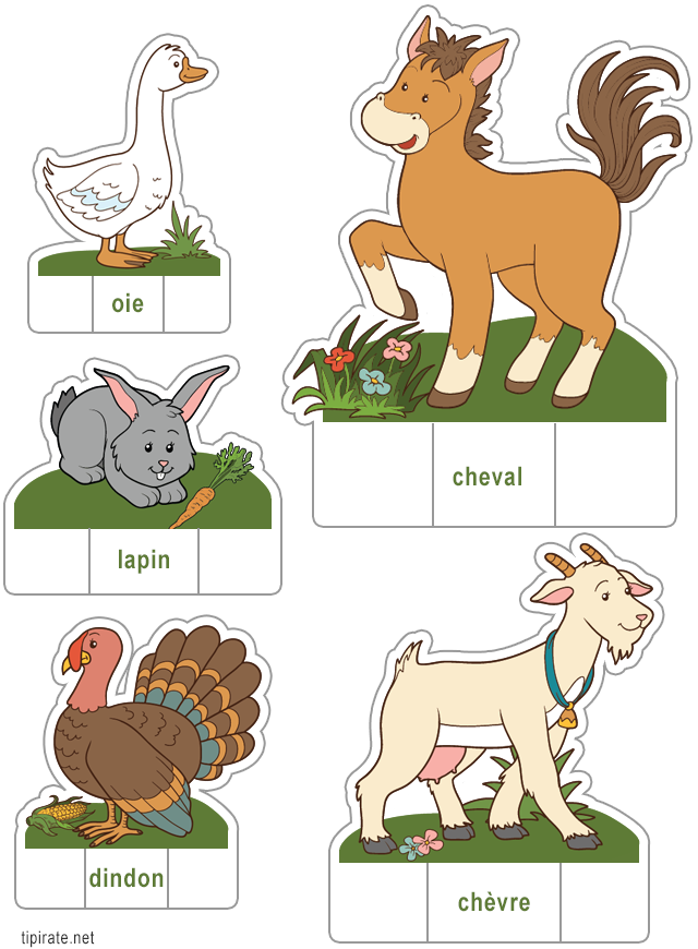 Les animaux de la ferme,  oie, cheval, dindon, chèvre, lapin