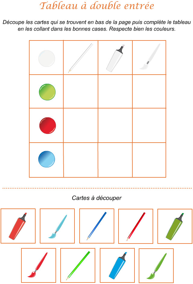 Tableau à double entrée pour enfants de maternelle