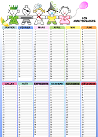 Calendrier pour dates d'anniversaires à imprimer