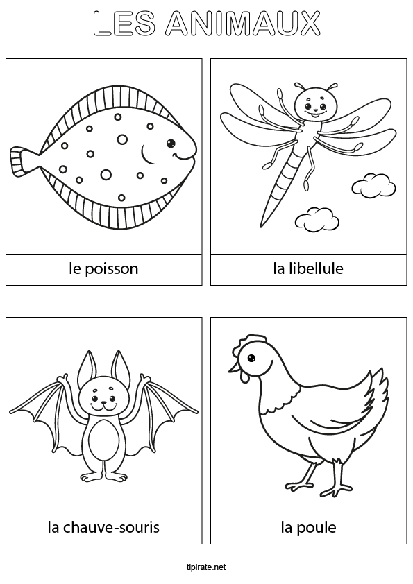 Coloriages à imprimer, poisson, libellule, chauve-souris et poule