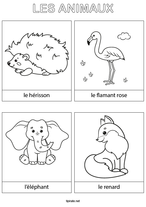 Coloriage à imprimer, un hérisson, un flamant rose, un éléphant, un renard