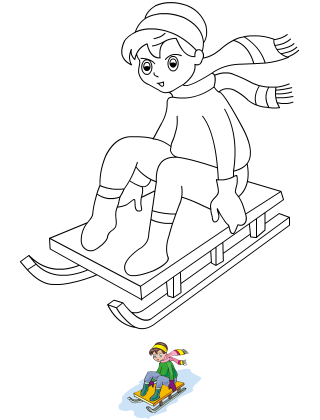 Dessin à colorier, l'enfant et la luge