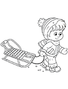 Coloriage à imprimer, une luge tirée par un enfant