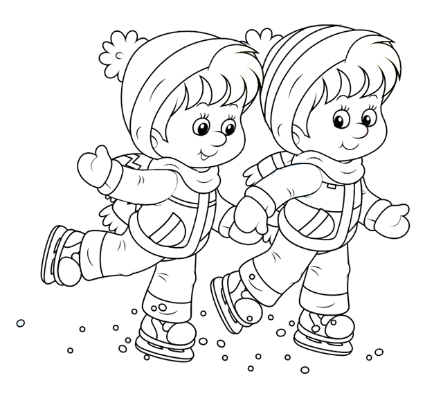 Dessin à colorier, des enfants patinent sur la glace