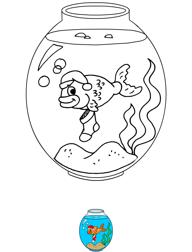 Coloriage, le poisson dans l'aquarium
