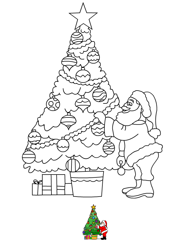 Dessin à imprimer, le père Noël et le sapin