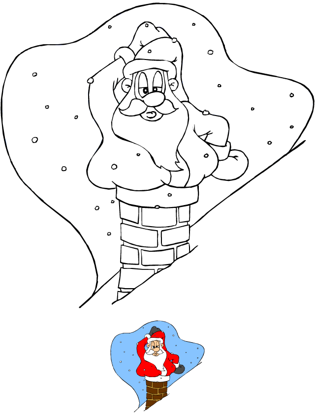 Dessin à imprimer, le père Noël dans la cheminée