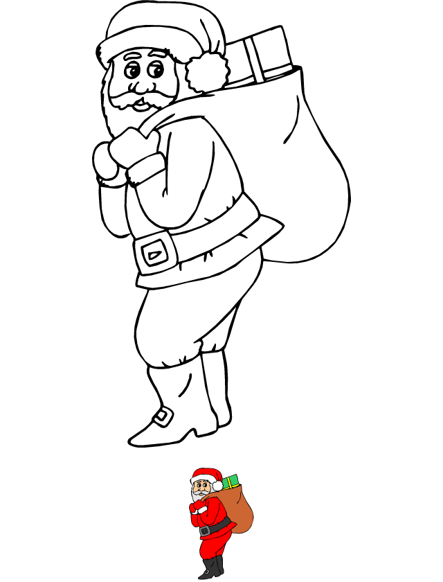 Coloriage, le Père Noël et la hotte