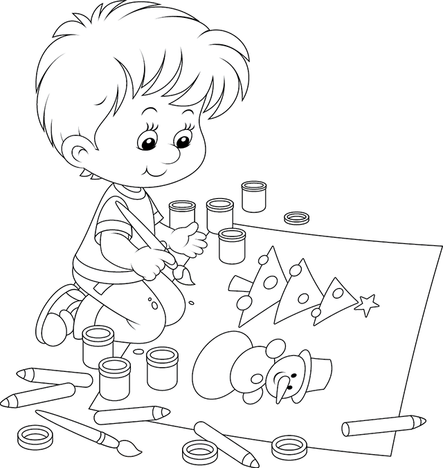 Coloriage, enfant qui dessine un sapin de Noël et un bonhomme de neige