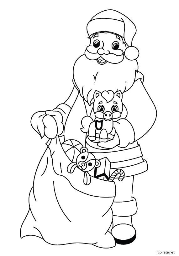 Coloriage, le père Noël avec cadeaux