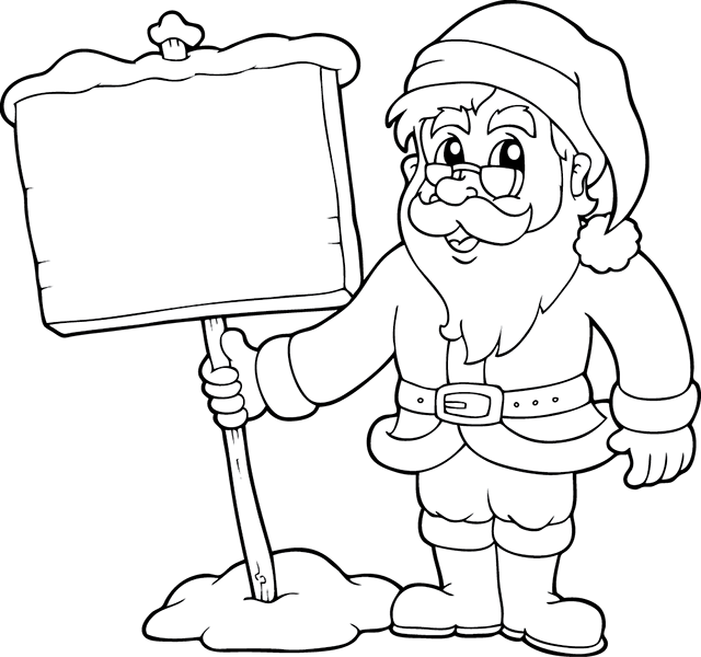 Coloriage, le Père Noël avec pancarte pour inscription