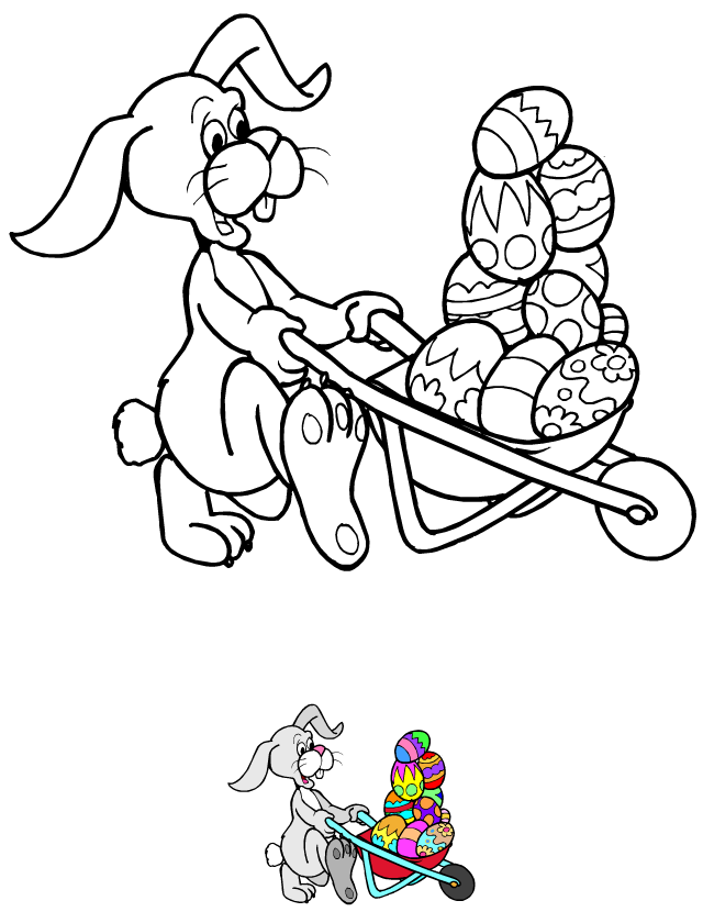 Coloriage, le lapin et la brouette d'oeufs de Pâques