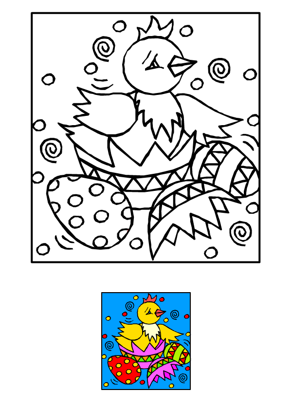 Coloriage, une poule et des oeufs de Pâques