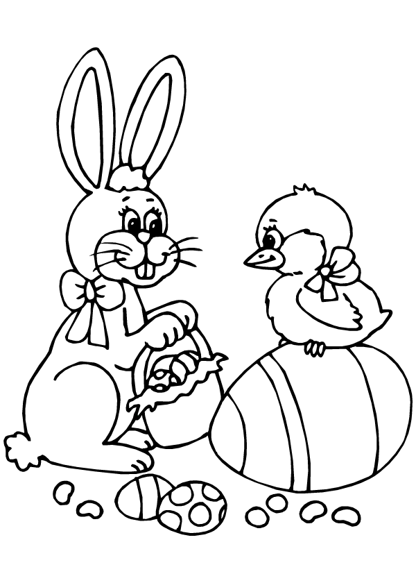 Coloriage, un lapin et des oeufs de Pâques