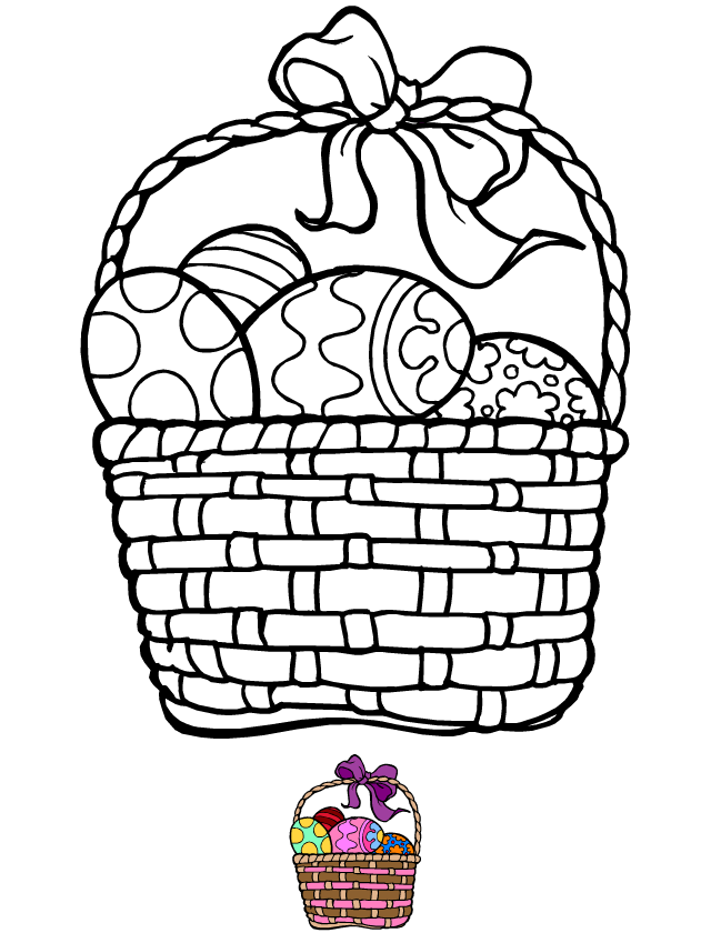 Coloriage, un panier rempli d'oeufs de Pâques
