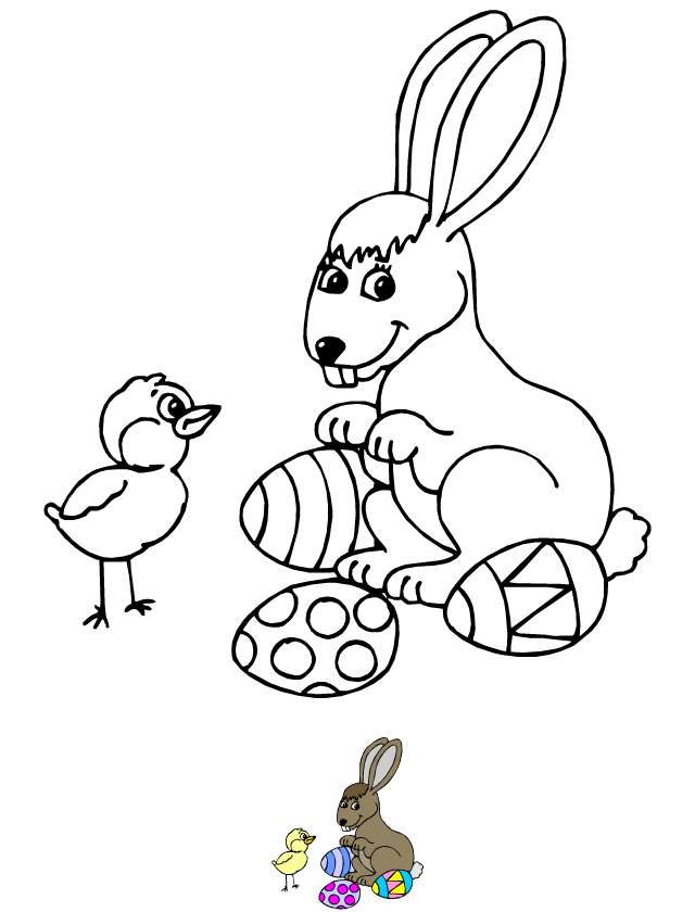 Coloriage,  lapin et oeufs de Pâques