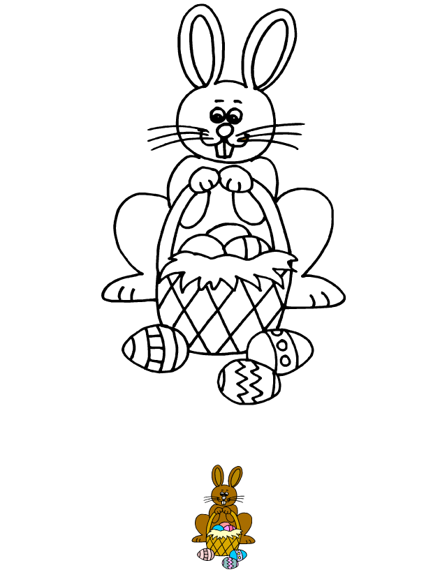 Coloriage, le lapin et les oeufs de Pâques