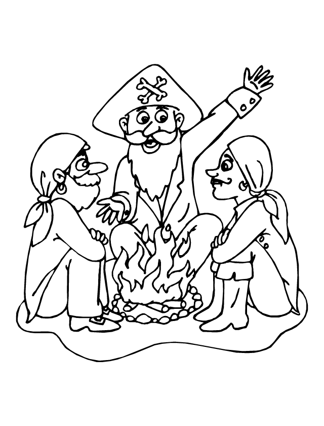 Coloriage à imprimer, les pirates et le feu de bois