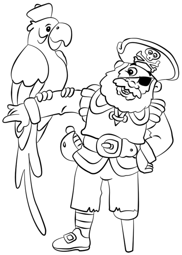 Coloriage à imprimer, le capitaine des pirates et le perroquet