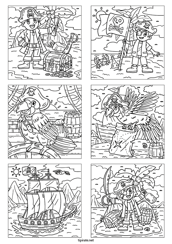 Dessins à colorier, les pirates, le bateau, le perroquet