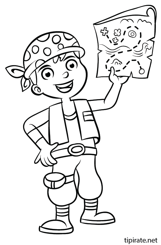 Dessin à colorier, le pirate et la carte au trésor