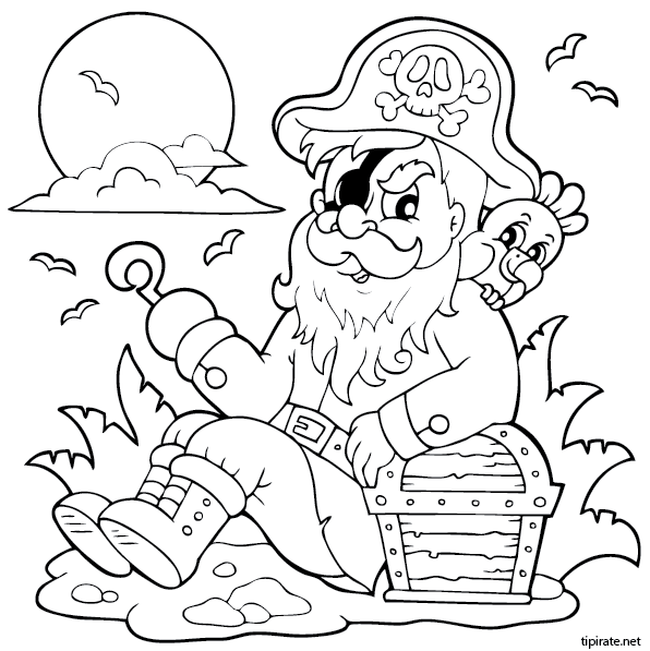 Dessin à colorier, le pirate et la carte au trésor