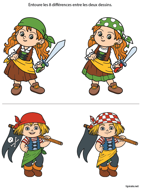 Jeu des 8 erreurs à imprimer, les enfants pirates