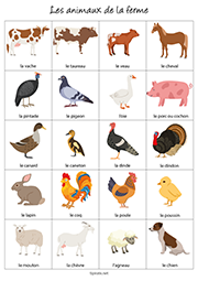 Fiche de vocabulaire à imprimer, les animaux de la ferme