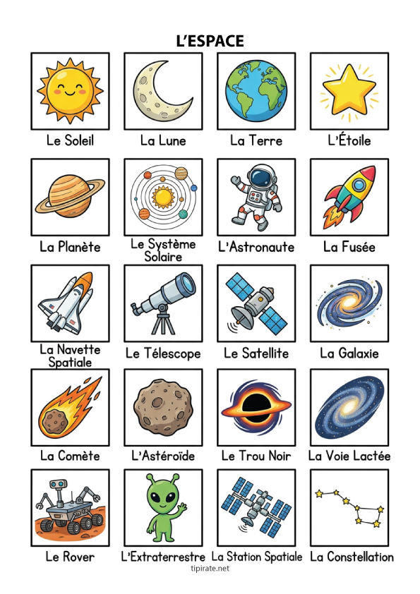 Imagier gratuit à imprimer, l'espace