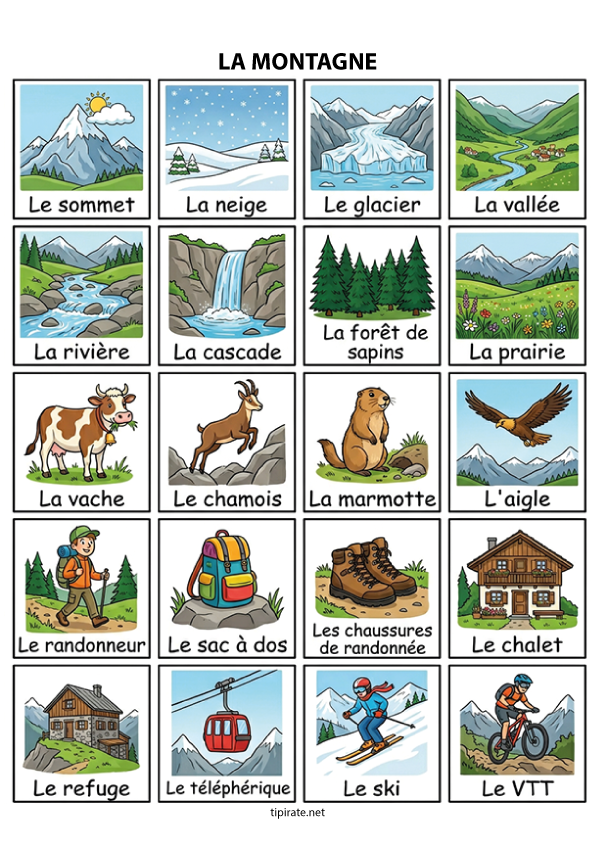 Imagier gratuit à imprimer, la montagne