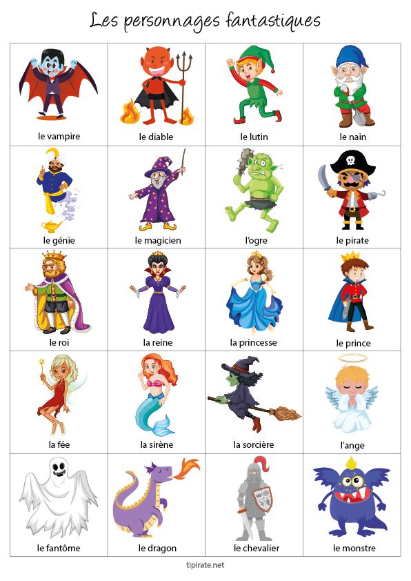 Imagier gratuit à imprimer, les personnages fantastiques