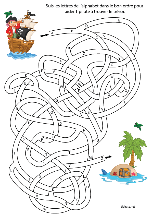 Jeu de labyrinthe à imprimer, l'alphabet en capitales d'imprimerie