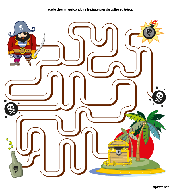 Jeu de labyrinthe à imprimer, le pirate et le trésor