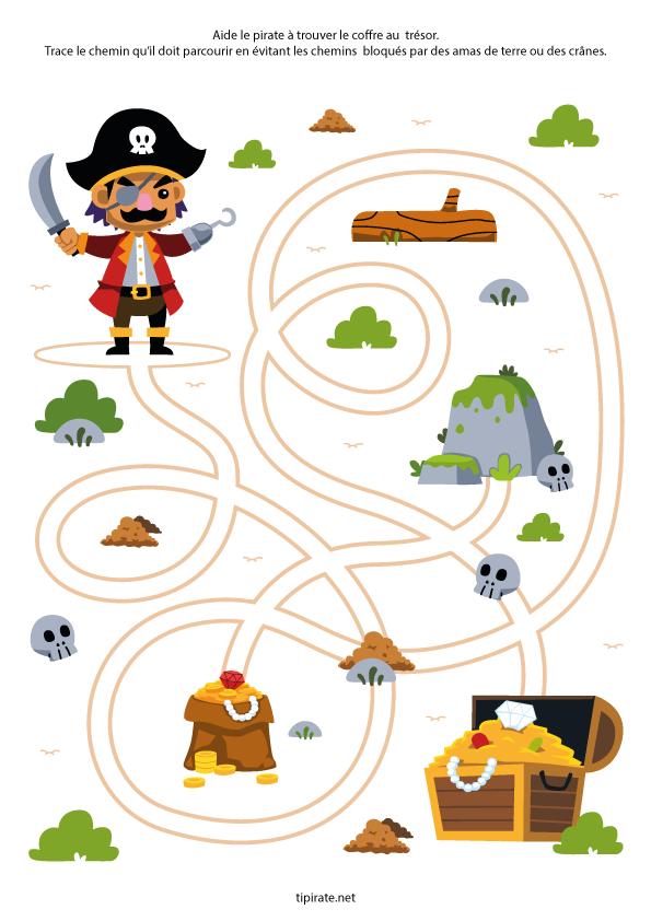 Labyrinthe, fiche à imprimer Labyrinthe gratuit à imprimer, le pirate et le coffre au trésor